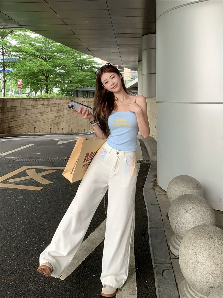 Lettering Scoop Cami Neck Top Crop Print Beaded