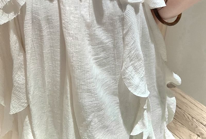 Sleeveless A-Line Asymmetrical Trim Ruffle Plain Dress Midi