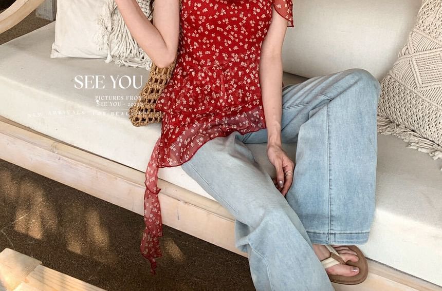 Floral Ruffle Trim Scrunchie Cami Set: Top + Asymmetrical