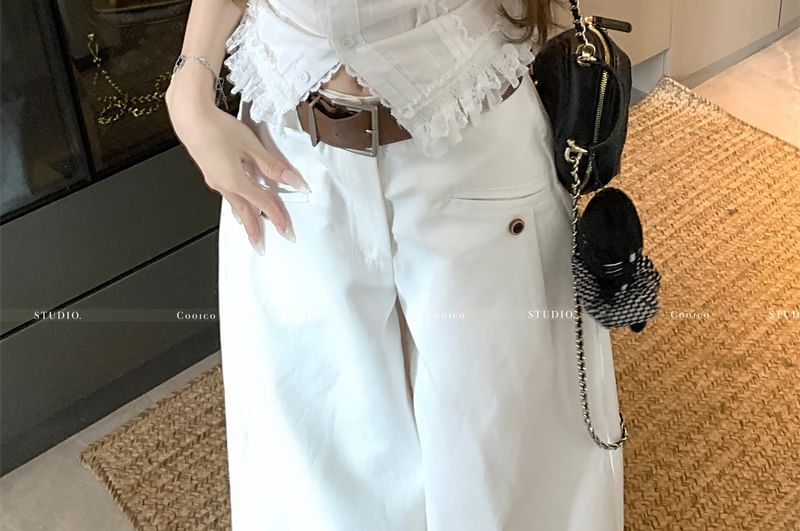 Plain Top Tank Slim Fit V-Neck Trim Lace Button