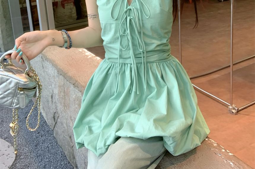 Plain Hem Mini A-Line Bubble V-Neck Skirt Halter Bow