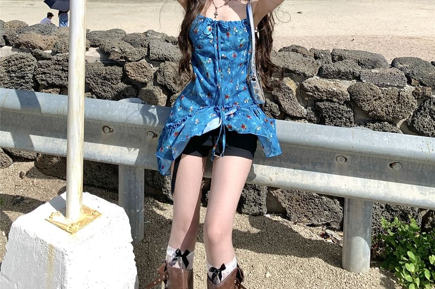 Top Floral Print Tie-Up Asymmetrical Cami