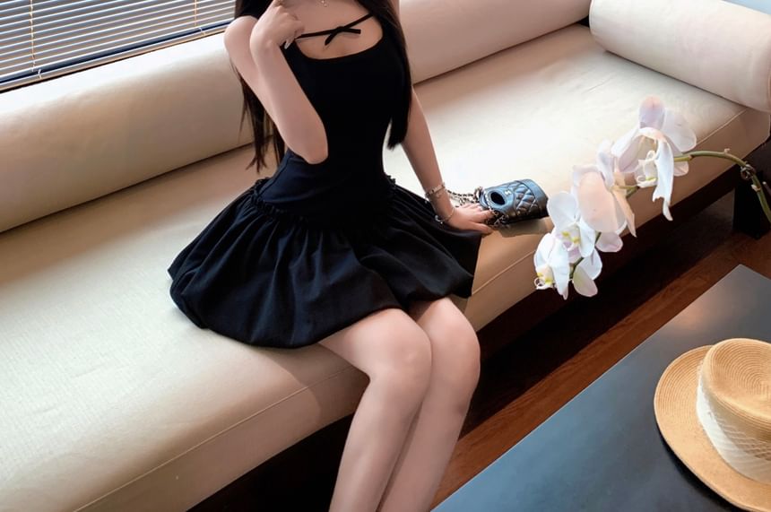 Gathered Mini Neck A-Line Plain Dress Sleeveless Bow Square