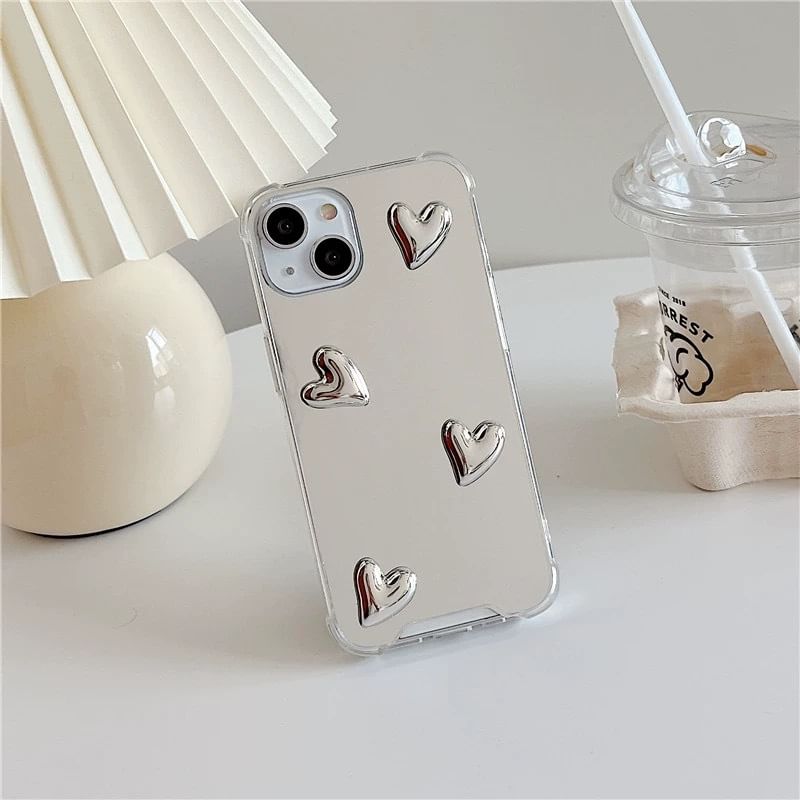 Decoration Mirrored Heart Phone Case Adhesive / Set with Strap