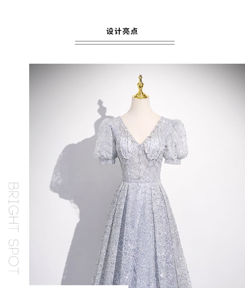 Short-Sleeve Evening Plain V-Neck Gown Lace Sheath