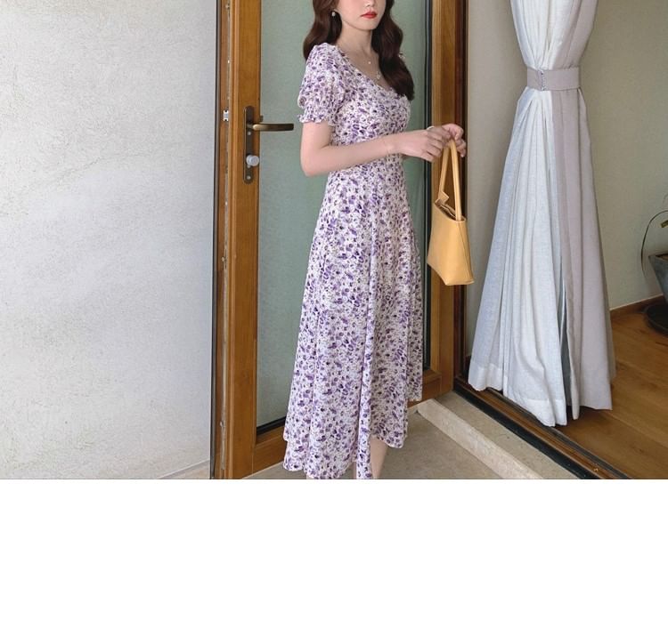 Slit Puff-Sleeve Midi Dress Floral A-Line