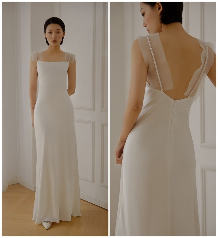 Strap Mesh Faux Pearl Mermaid Wedding Gown