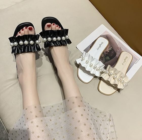 Ruffle Pearl Slide Faux Sandals