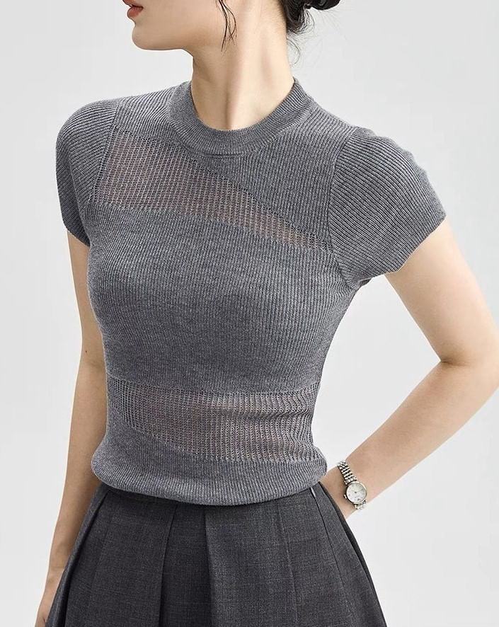 Top Plain Sheer Knit Panel Round Cap-Sleeve Neck