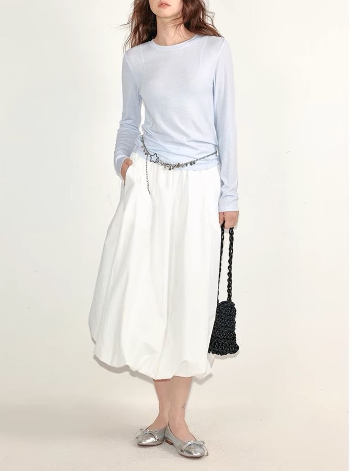 Paperbag Plain Elastic Midi Waist Skirt