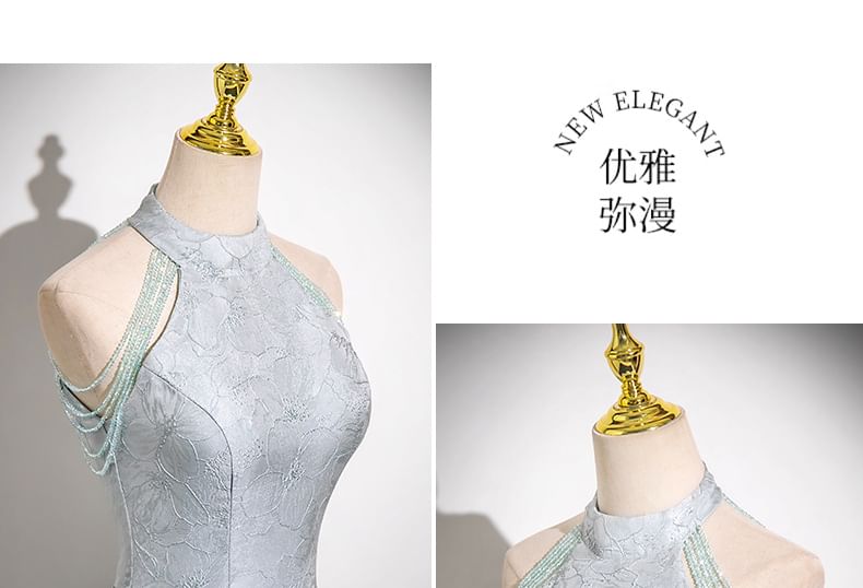 Evening Halter Crystal Neck A-Line Jacquard Fringed Faux Gown Floral