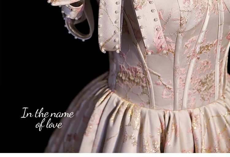 Floral Evening Faux Gown Off-Shoulder Pearl Jacquard A-Line Bow