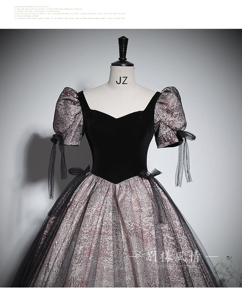 Puff-Sleeve Accent Glitter Panel Ball Bow V-Neck Mesh Gown