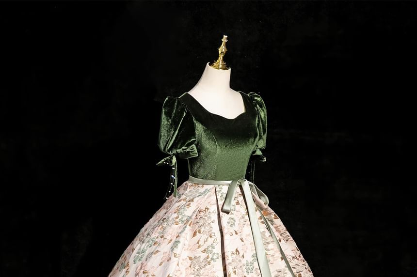 Jacquard Floral Ball Square Accent Gown Puff-Sleeve Neck Bow Velvet Panel