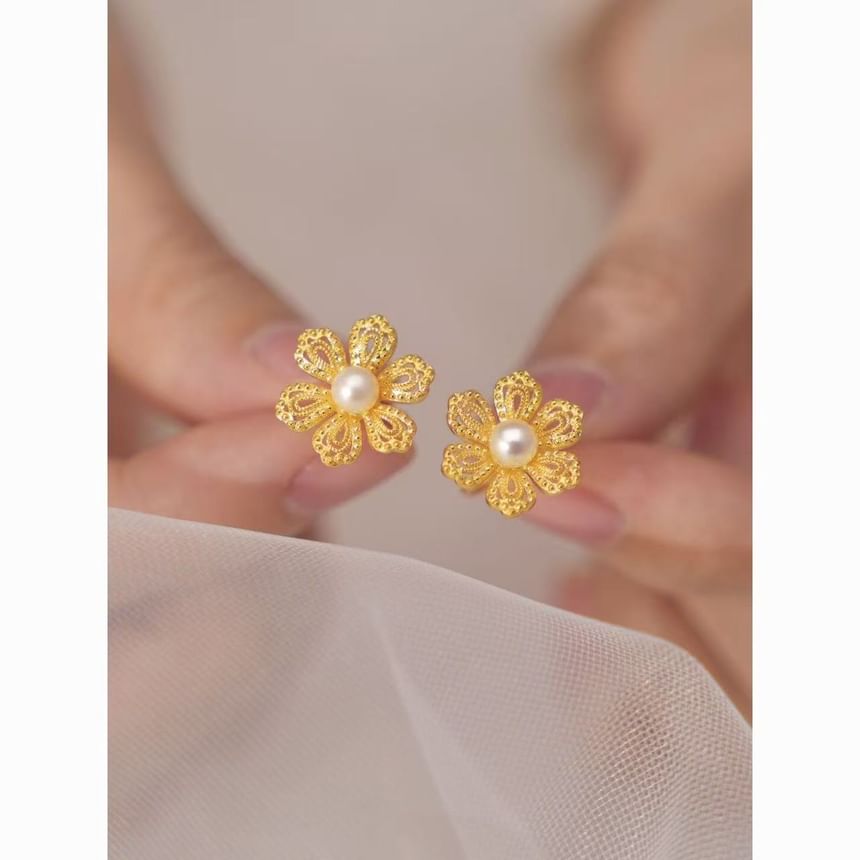 Faux Alloy Earring Floral Stud Pearl