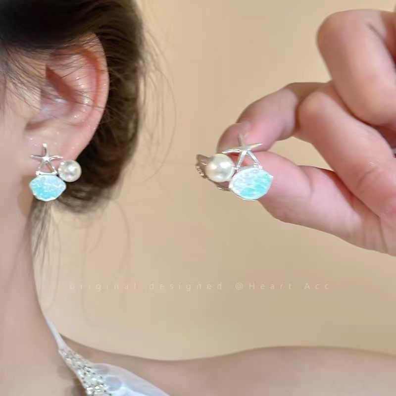 Stud Faux Alloy Rhinestone Starfish Pearl Earring