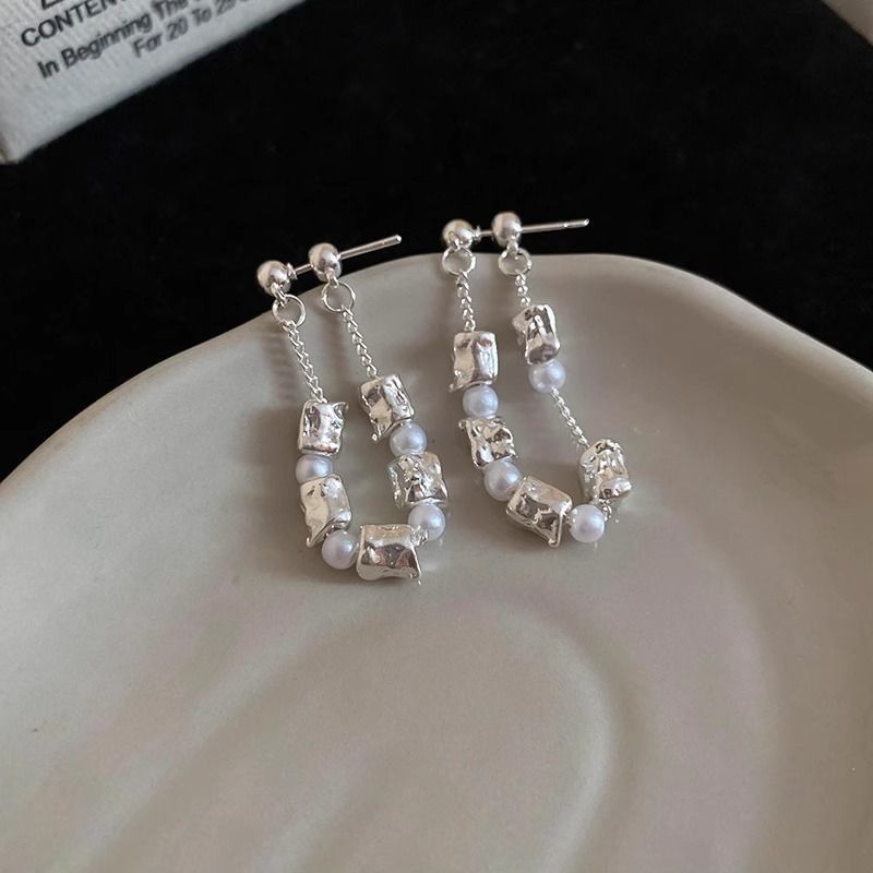 Chain Hoop Pearl Dangle Alloy Faux Earring