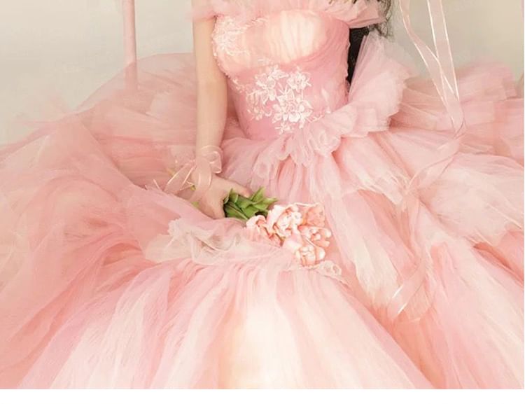 Tube Gown Plain Evening Mesh Lace Tiered Panel A-Line