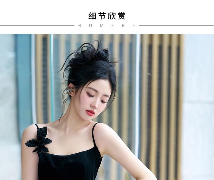 Mesh Panel Spaghetti Applique Tiered Floral Tone Two Strap A-Line Gown Evening