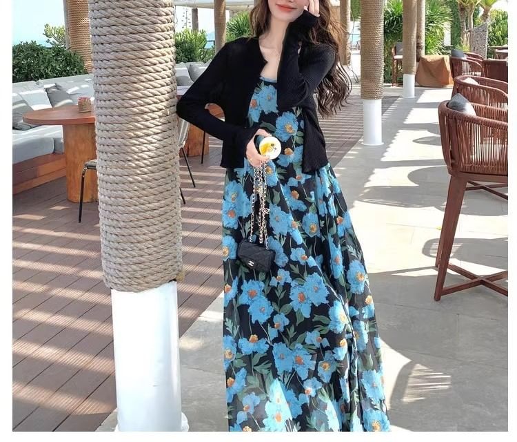 Floral Neck Maxi Dress Strap Spaghetti Scoop A-Line Print