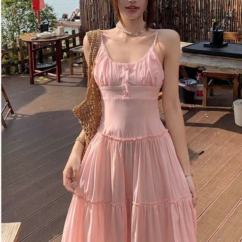 Maxi Neck Scoop Dress Strap A-Line Spaghetti Plain