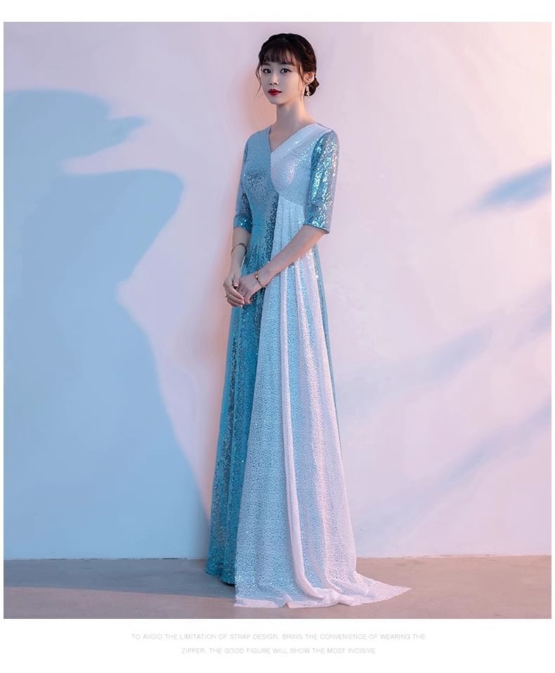 Two Evening V-Neck Gown Slit Sequin Elbow-Sleeve A-Line Tone
