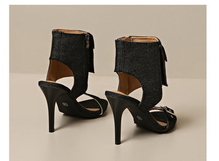 High Heel Buckled Denim Boot Sandals