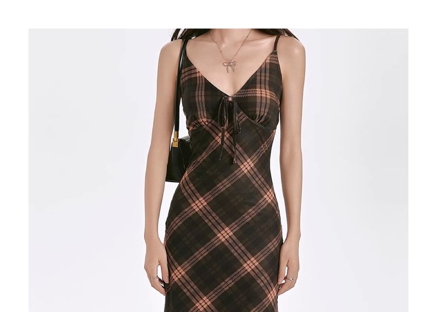 V-Neck Dress Strap Spaghetti Plaid Sheath Maxi