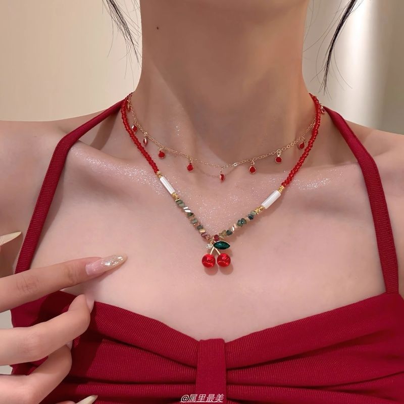 Pendant Layered Beaded Necklace Cherry