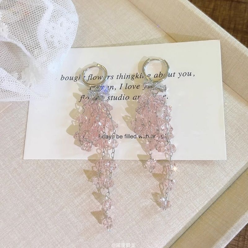 Bow Earring Drop Huggie Rhinestone Fringed