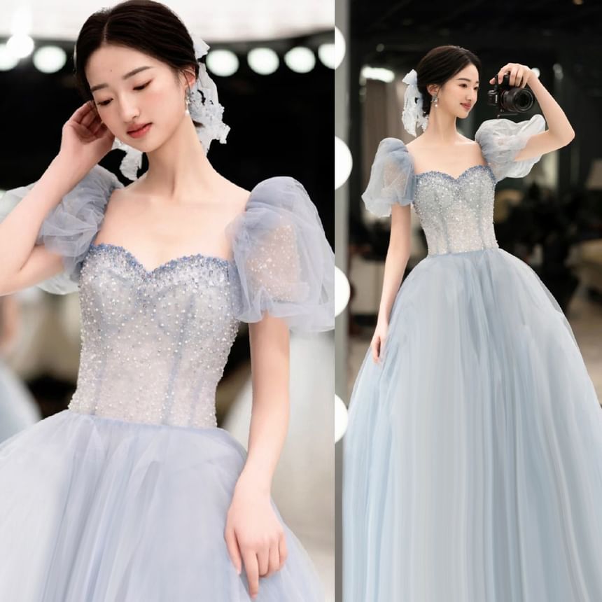 A-Line Neck Evening Sweetheart Sleeve Puff Gown