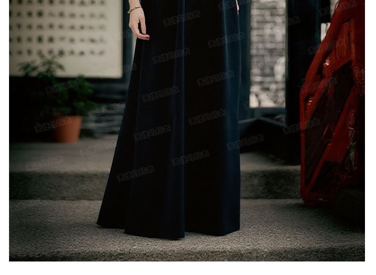 Evening Sleeveless Mock A-Line Neck Floral Embroidered Gown