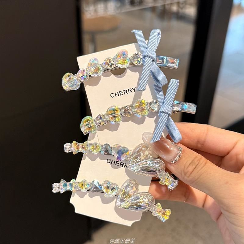 Faux Hair Clip Ribbon Crystal Heart