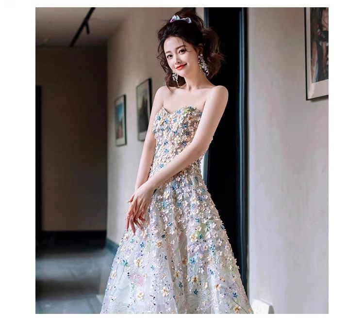 Evening Floral Mesh Gown A-Line Strapless