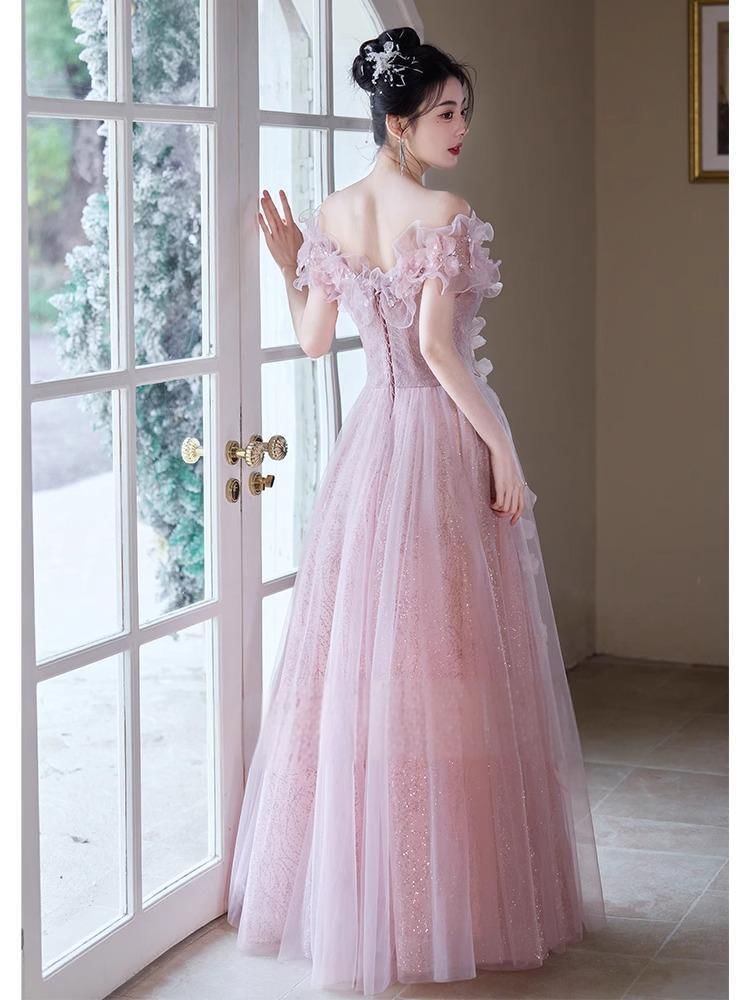 Gown Glitter Mesh A-Line Flower Off-Shoulder Evening Accent Trim Ruffle