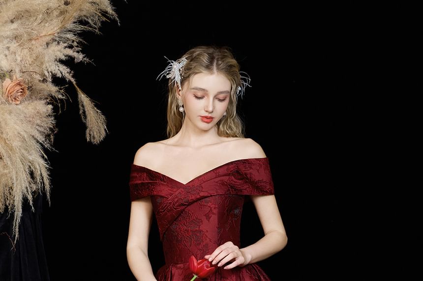 A-Line Short-Sleeve Gown Evening Floral Off-Shoulder