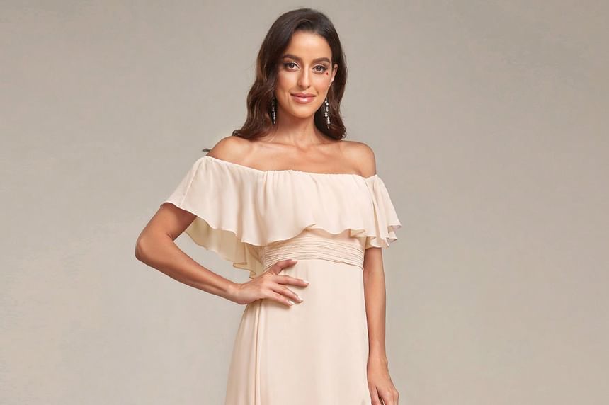 Evening Gown Off Trim Slit Ruffle A-Line Plain Shoulder