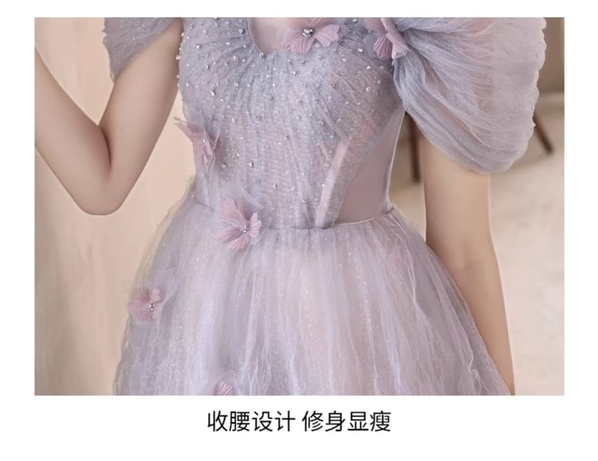 A-Line Gown Short-Sleeve Evening Mesh