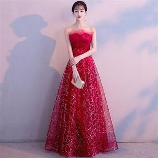 Gown Mesh Evening Glitter Maxi Strapless