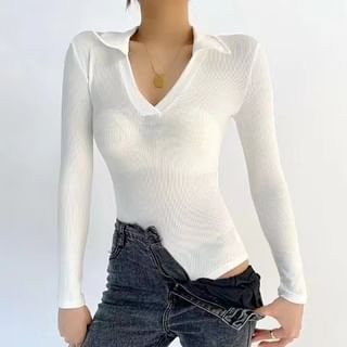 Top Ribbed Long-Sleeve Bodysuit Polo-Neck Plain
