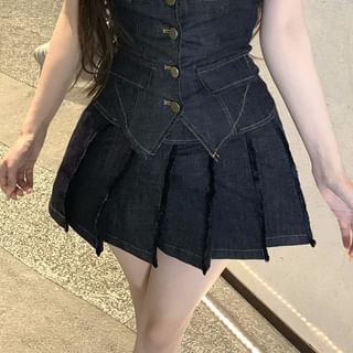 Mini Denim Lace Rise Mid Button-Up / Skirt Top Halter Pleated Low Trim A-Line