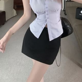V-Neck Pencil High Rise Striped Skirt Sleeveless Shirt Mini Button-Up /