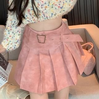 Dotted Neck Mini Pleated Washed High Mock Rise Skirt A-Line / Sweater Cropped