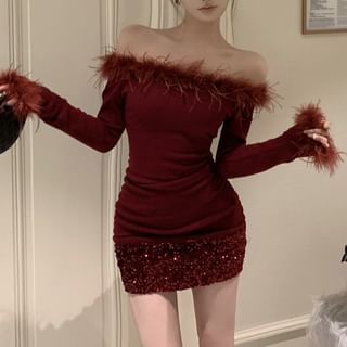 Mini Long-Sleeve Dress Sequin Off-Shoulder Trim Sheath Plain Fluffy