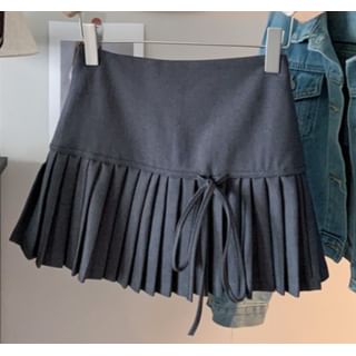 Mini Skirt High Pleated A-Line Plain Accent Bow Waist