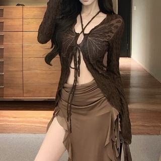 Ruffle Sleeve Trim Dress Butterfly V-Neck / Strapless Print Tie Long Front Top Bodycon Midi Plain