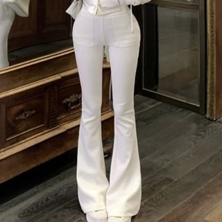 / Flared High Zip Crop Hoodie Plain Sweatpants Waist