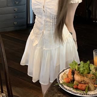 Blouse Skirt High Panel A-Line Slim / Lace Waist Fit Short-Sleeve Mini