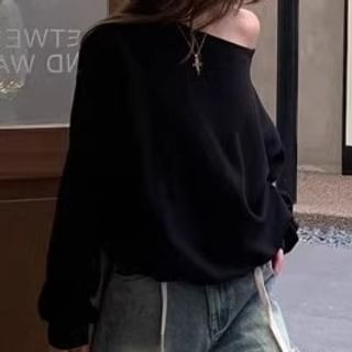 Contrast Pullover Waist Off-Shoulder Trim Plain / Drawstring