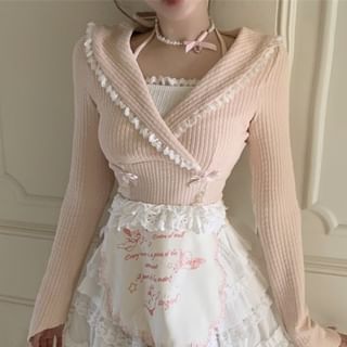 Half Neck Set Rise Accent Tiered Mock Bow Crop Plain / Apron Top High Trim Long-Sleeve Skirt Two-Piece Knit Lace Halter A-Line Mini